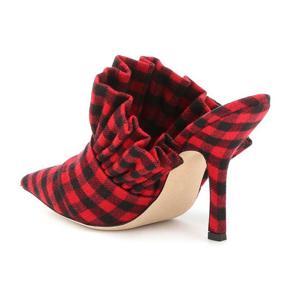 Women's Vintage Black & Red Plaid Pointed Toe Ruffle Mule Heels