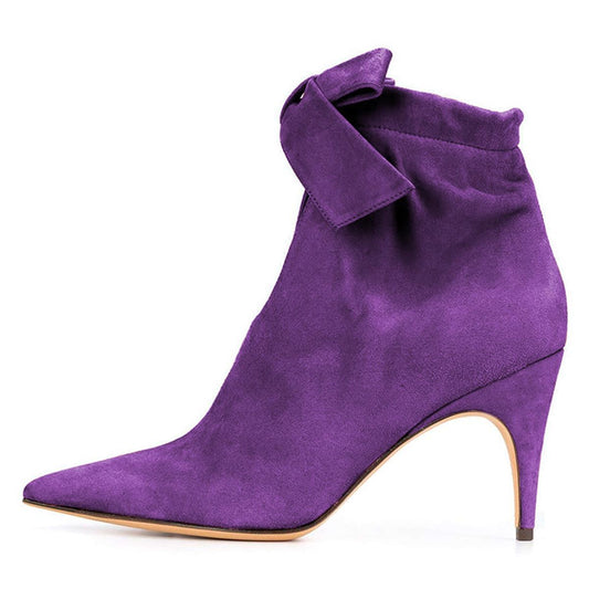 Women's Vegan Suede Pointed Toe Bowknot Cutout Heeled Ankle Boots