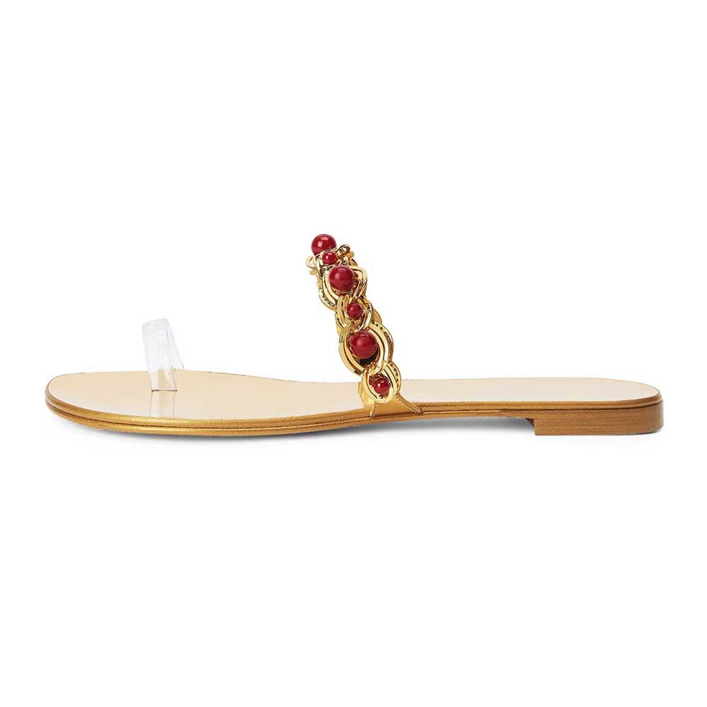 Gold Metallic Beads Embellished Chain Strap Flats Toe Ring Sandals