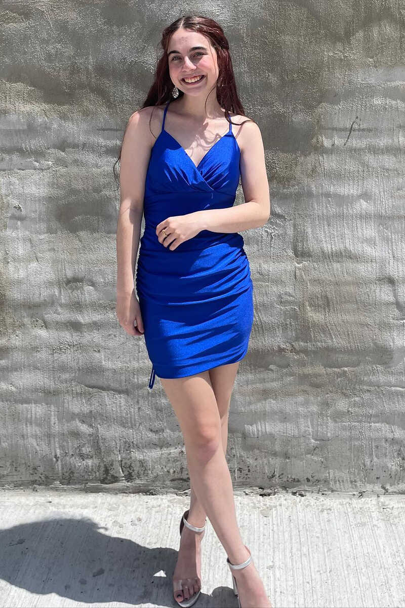 Royal Blue Surplice Ruched Short Homecoming Dress Silk Hoco Dress
