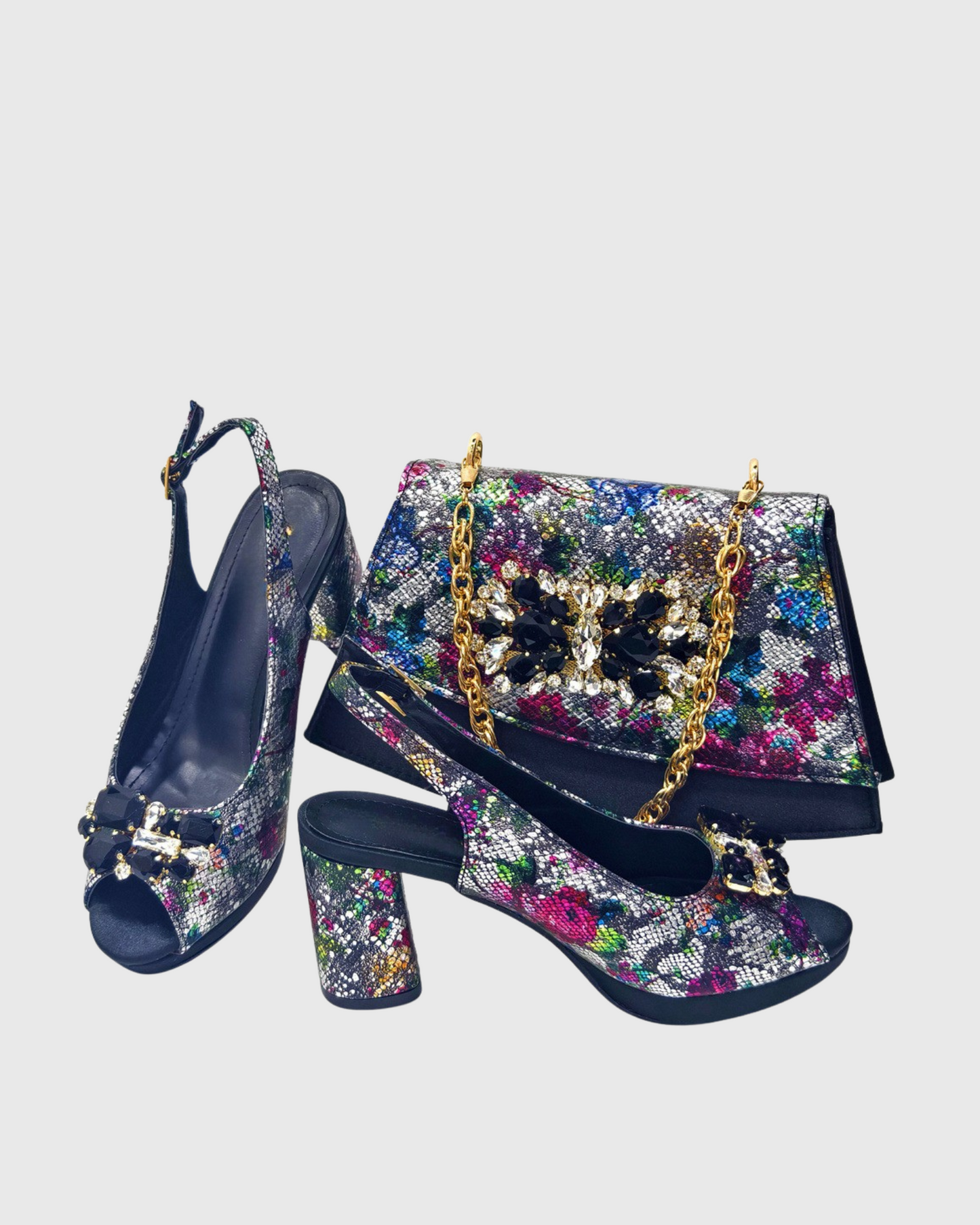 Esme Vintage Pattern Rhinestone Shoes & Bags Set In Navy