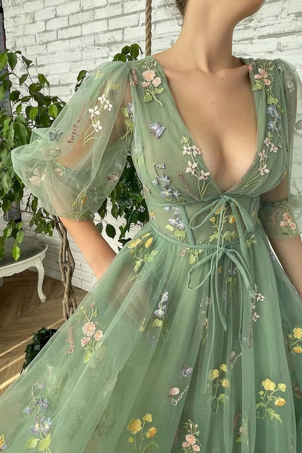Elegant V Neck Green Tea Length Prom Dresses,WP372