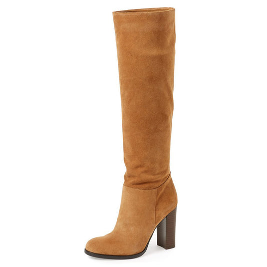 Tan Vegan Suede Round Toe Knee High Boots with Chunky Heels