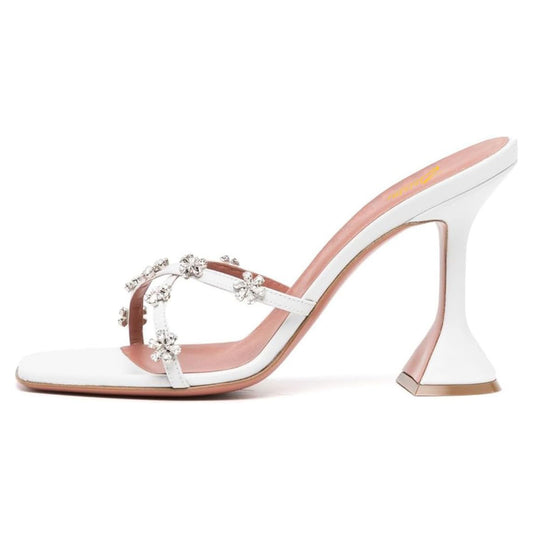 White Criss-Cross Flower Slip-On Open-Toe Flared Heel Mules Shoes