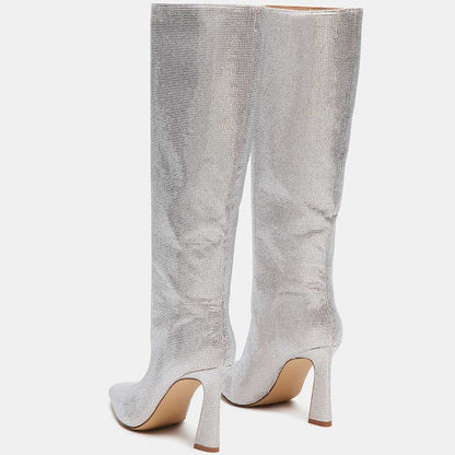Silver Pointed Toe Flared Heel Rhinestone Wide-Calf Knee High Boots