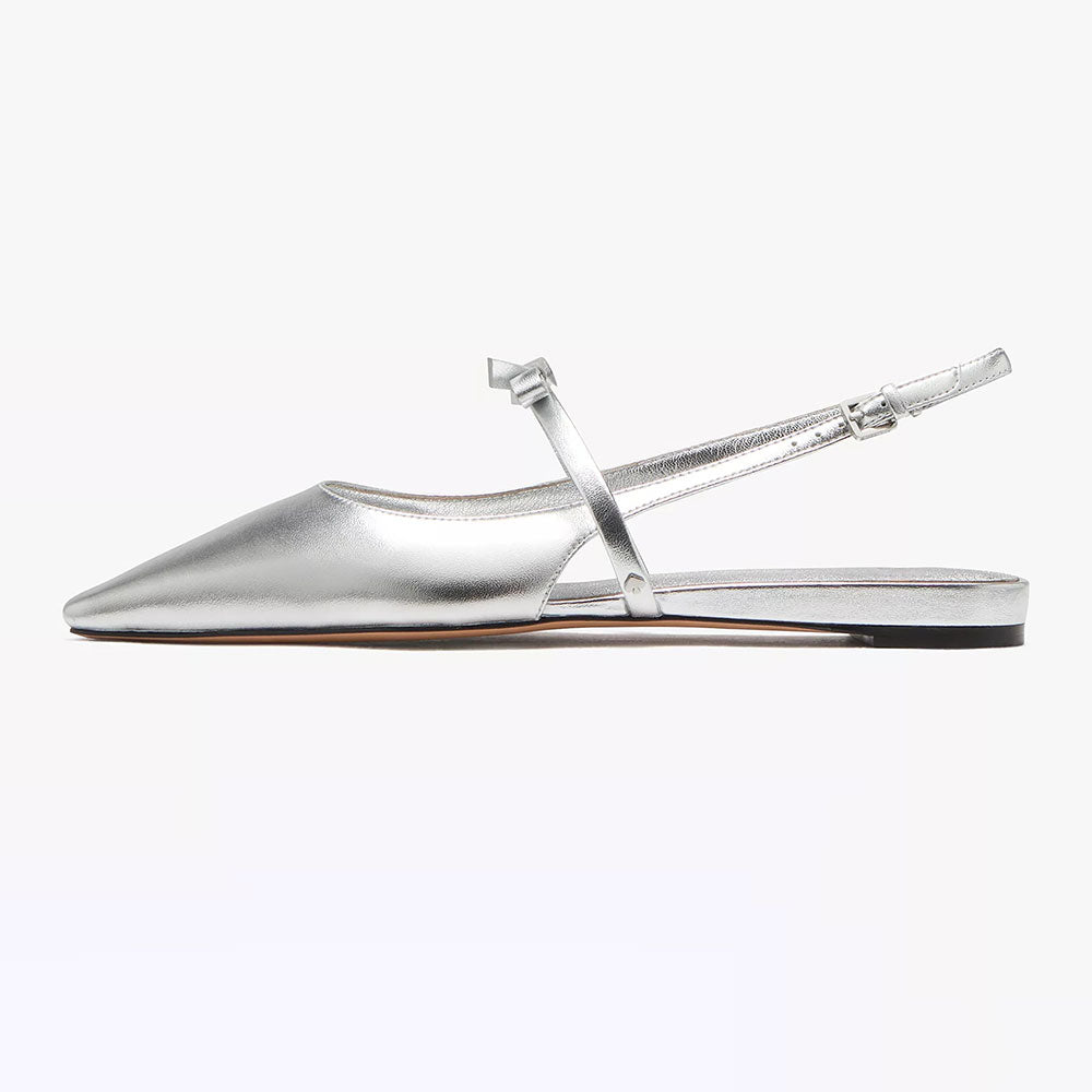 Silver Slingback Flats Pointed Toe Strap Metallic Shoes with Bows