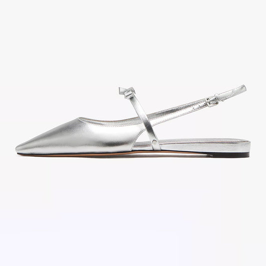 Silver Slingback Flats Pointed Toe Strap Metallic Shoes with Bows