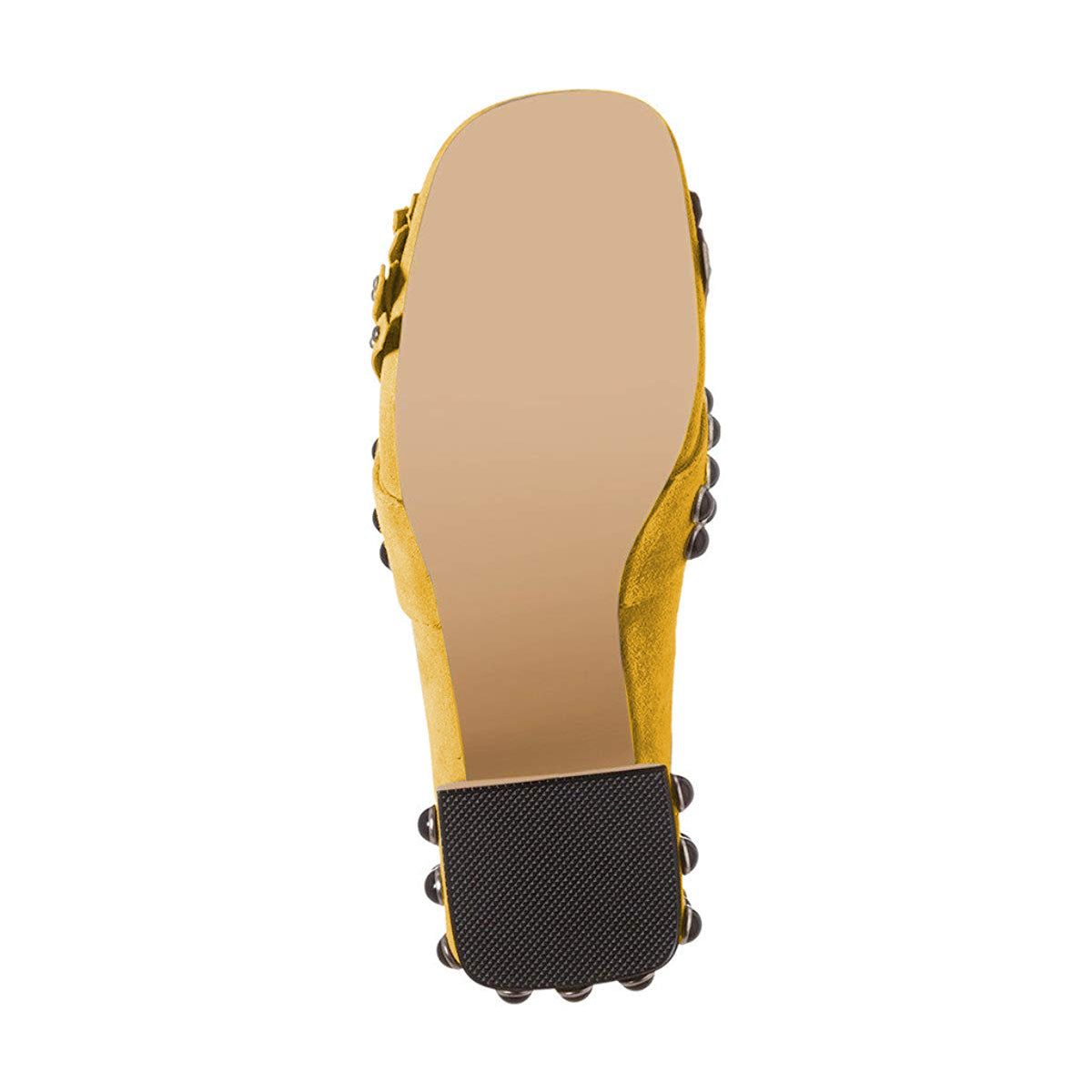 Yellow Vegan Suede Fringe Studs Block Heel Pumps
