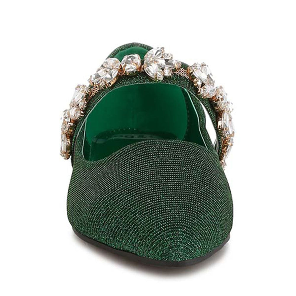 Green Glitter Pointed Toe Rhinestone Ballet Flats with Straps