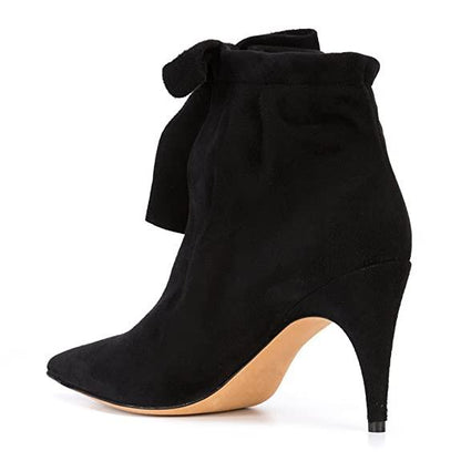 Women's Vegan Suede Pointed Toe Bowknot Cutout Heeled Ankle Boots
