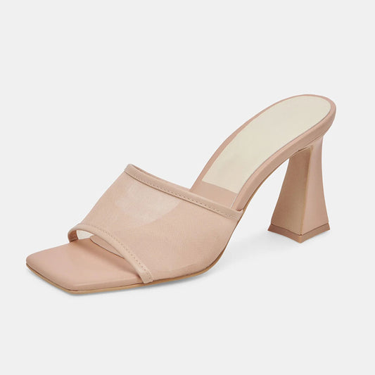 Women's Nude Open Square Toe Sandals Slip-On Mesh Mule Heels