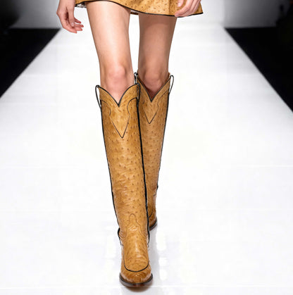 Yellow Ostrich Embossed Snip Toe Chunky Heel Western Boots for Women