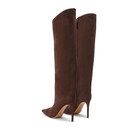 Brown Pointed Toe Stiletto Heel Knee High Boots with Side Zipper