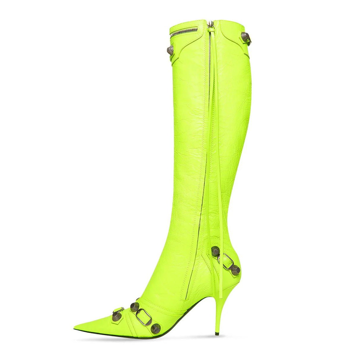 Lime Green Buckled Pointed Toe Studded Stiletto Heel Knee High Boots