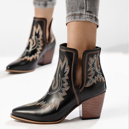 Black Closed Toe Chunky Heel Western Ankle Boots