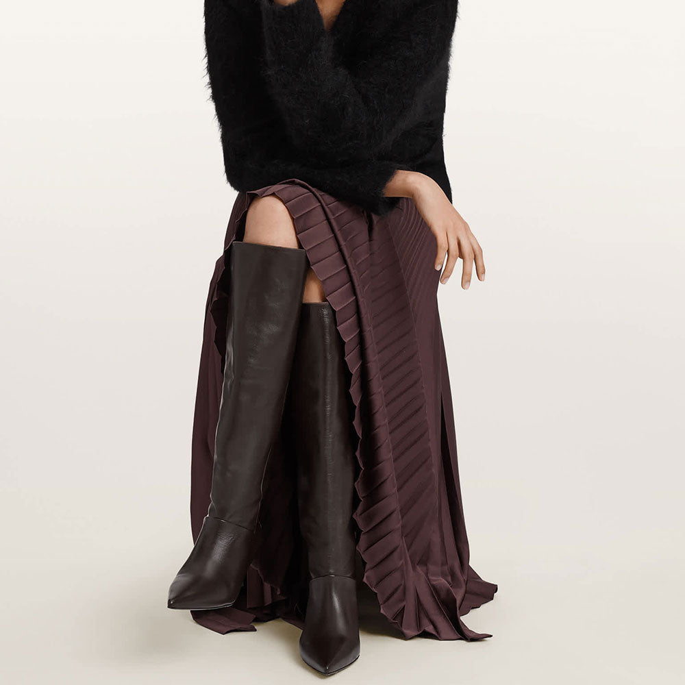 Dark Brown Pointed Toe Flared Heel Foldable Knee High Boots
