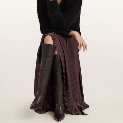 Dark Brown Pointed Toe Flared Heel Foldable Knee High Boots