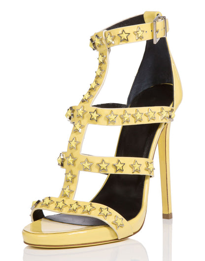 Yellow Vegan Leather Open Toe Stiletto Heel Gladiator Sandals