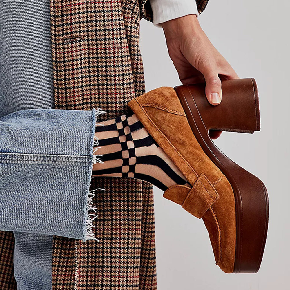 Brown Vegan Suede Slip-On Square Toe Chunky Heel Platform Loafers