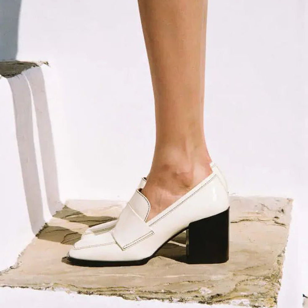 White Square Toe Chunky Heel Loafers