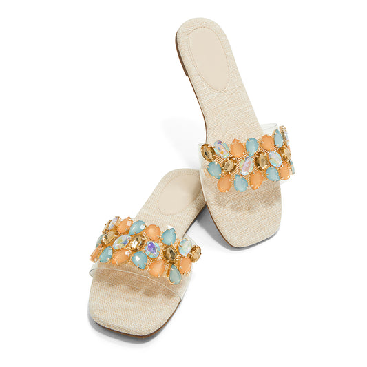 Beige Flat Mules Square Toe Multicolor Crystal Decor Slides Shoes