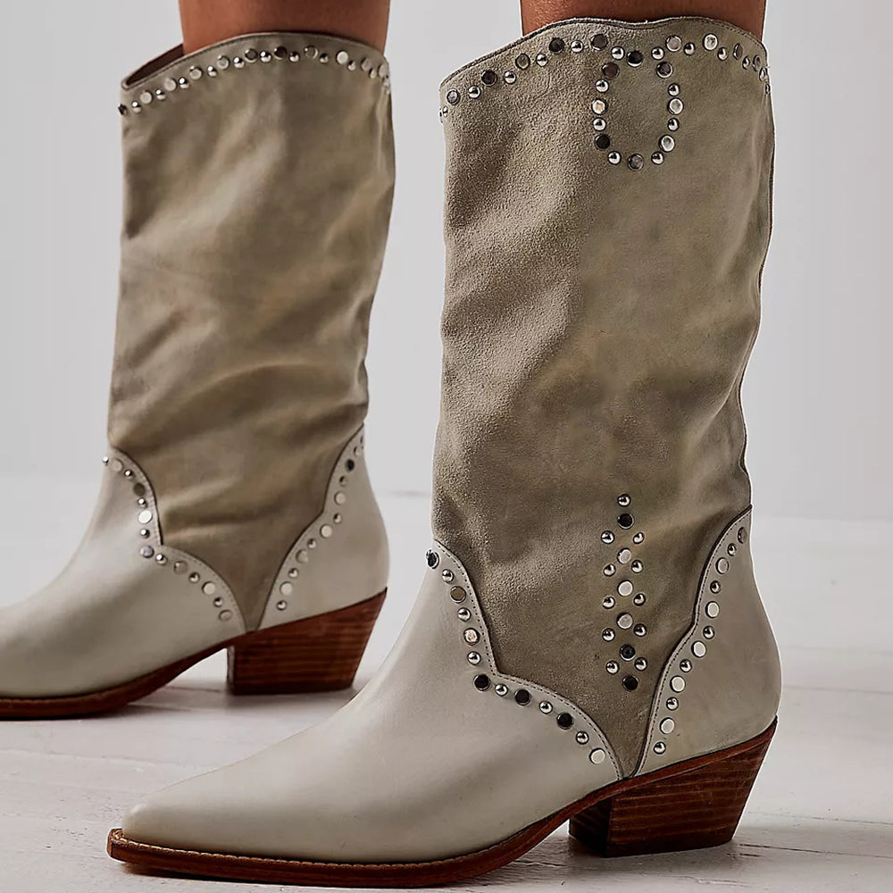 Light Taupe Vegan Suede Pointed Toe Western Mid Calf Boots with Studs