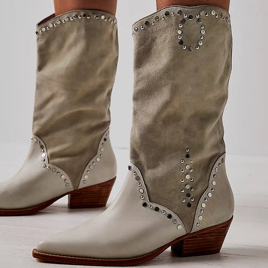 Light Taupe Vegan Suede Pointed Toe Western Mid Calf Boots with Studs