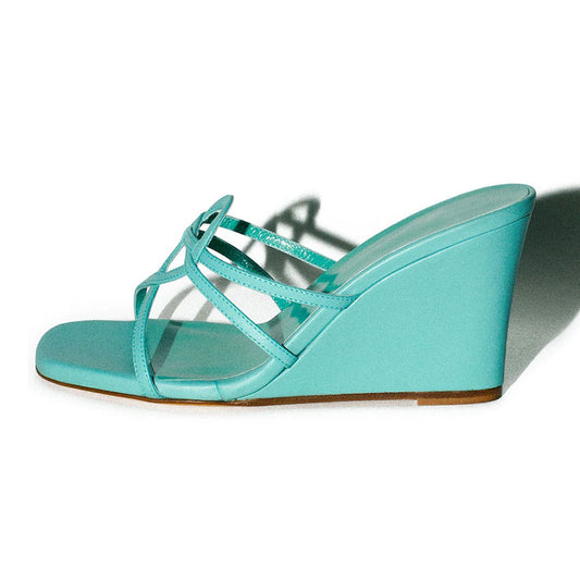 Turquoise Open Square Toe Strappy Mules Sandals with Wedge Heel