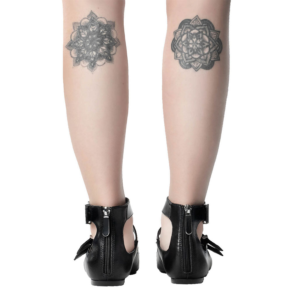 Black Zipper Vegan Leather Triple Buckle Strap Pointed Toe Flats