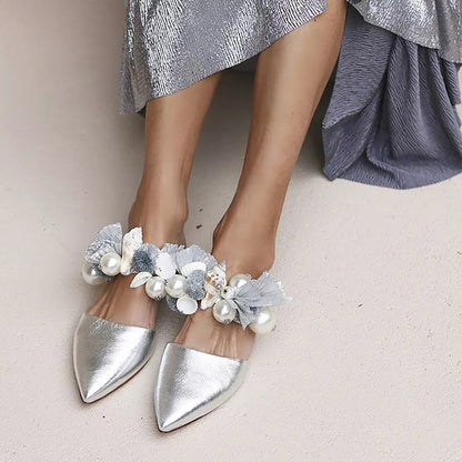 Silver Pointy Toe Flats Bridal Shoes Women's Party Mules