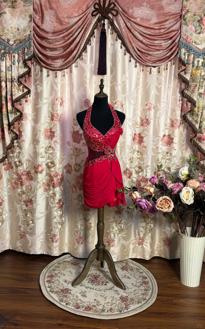 Vintage Burgundy V-neck Sheath Halter Dress Beading Satin Short Homecoming Dresses TP3915