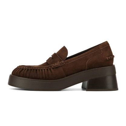 Dark Brown Vegan Suede Pleated Chunky Heel Platform Penny Loafers