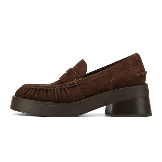 Dark Brown Vegan Suede Pleated Chunky Heel Platform Penny Loafers