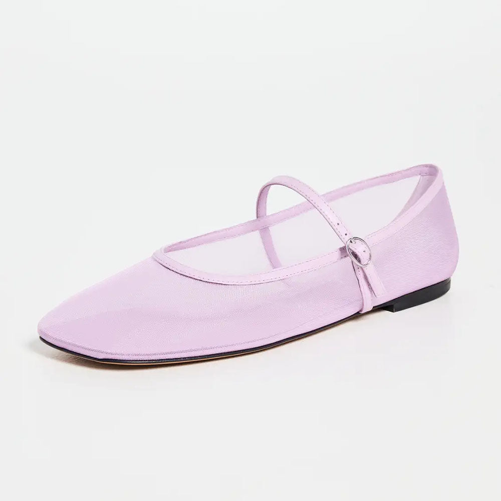 Lavender Mesh Square Toe Buckled Bridge Strap Mary Jane Flats