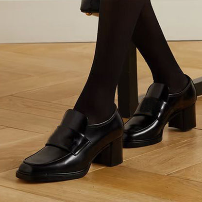 Black Heeled Loafers Slip-on Business Casual Shoes for Women