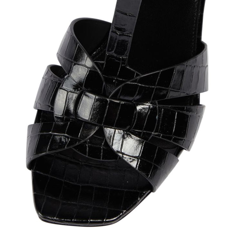 Square Toe Croco Embossed T-Strap Heels Buckle Black Sandals for Women
