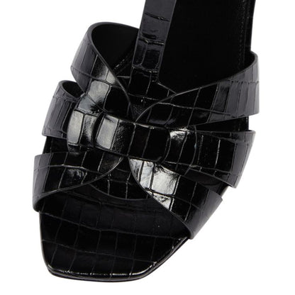 Square Toe Croco Embossed T-Strap Heels Buckle Black Sandals for Women