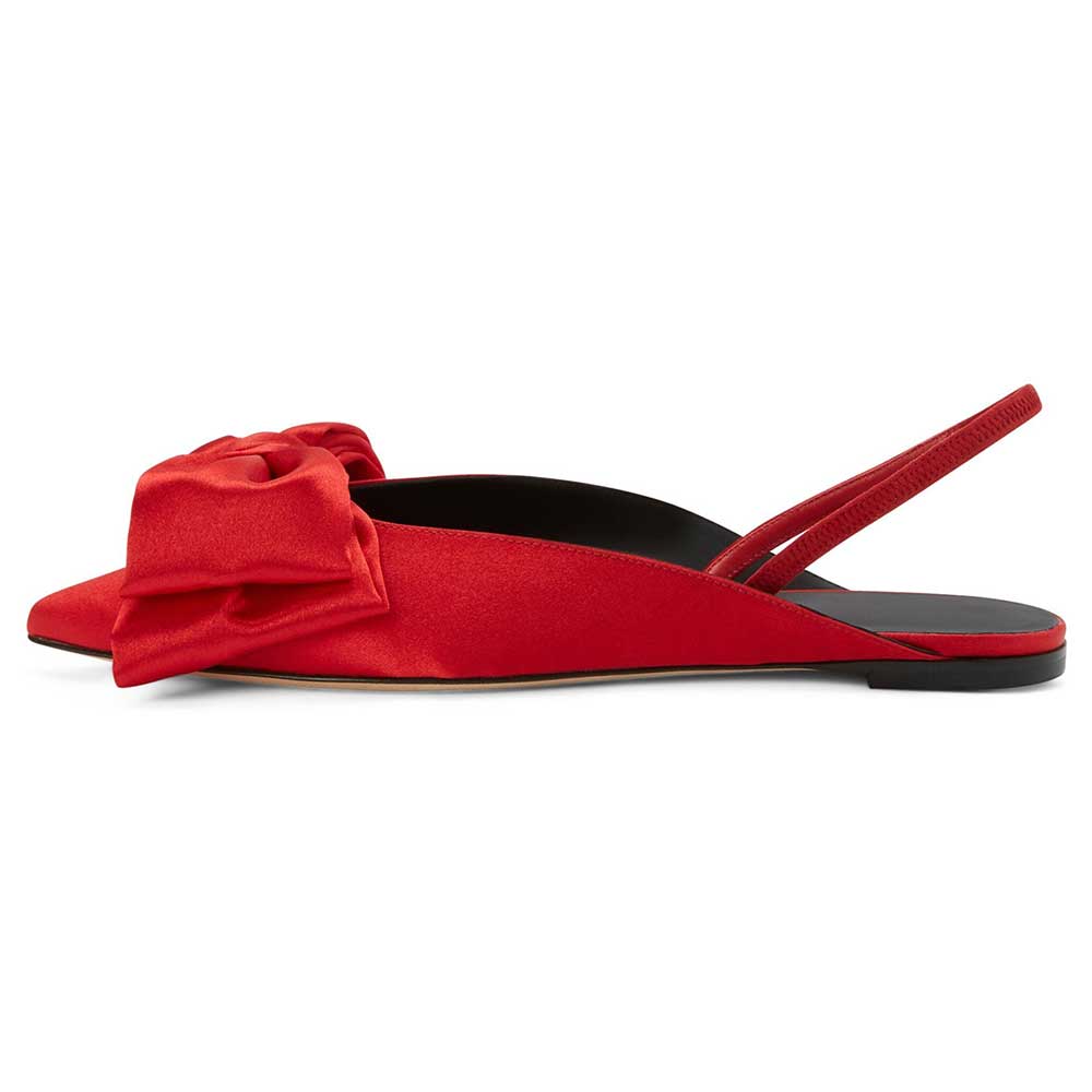 Red Satin Bow Inlay Pointed-Toe Slingback Backless Slingback Flats