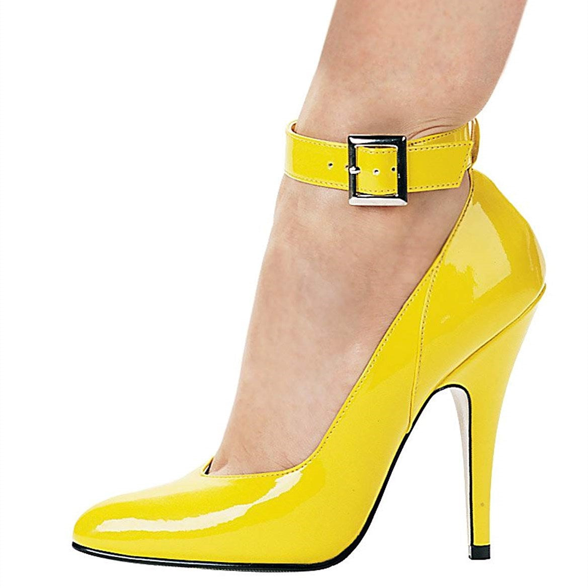 Yellow Patent Leather Buckle Ankle Strap Stiletto Pumps for Women