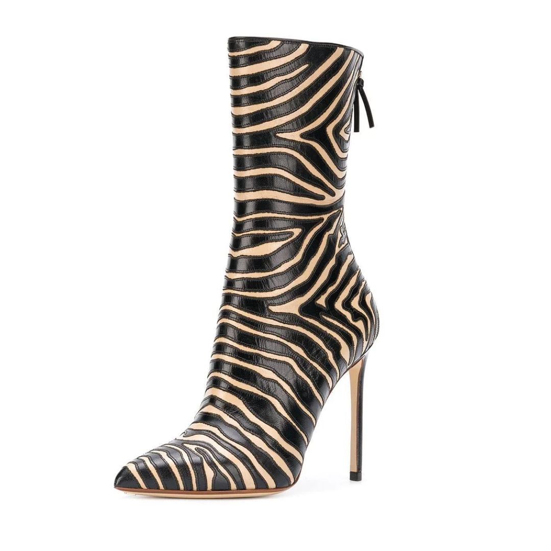 Black and Khaki Zebra Print Pointed Toe Stiletto Heel Ankle Boots