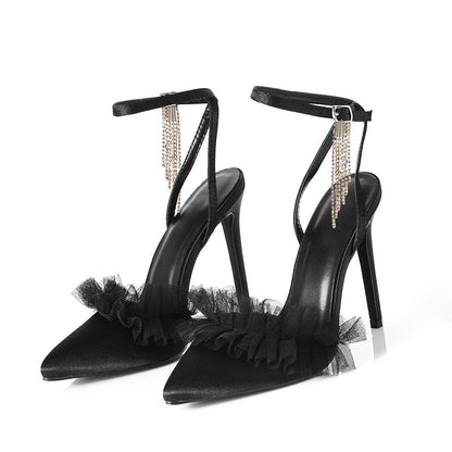 Women's Satin Pointed Toe Ankle Strap Black Pumps with Tulle Ruffles