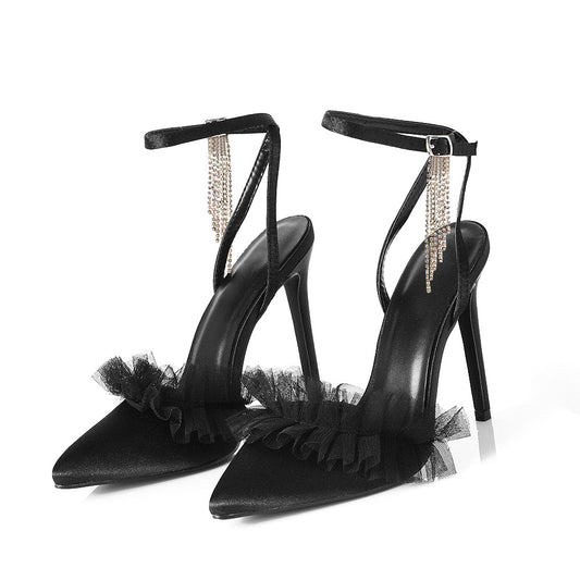 Women's Satin Pointed Toe Ankle Strap Black Pumps with Tulle Ruffles