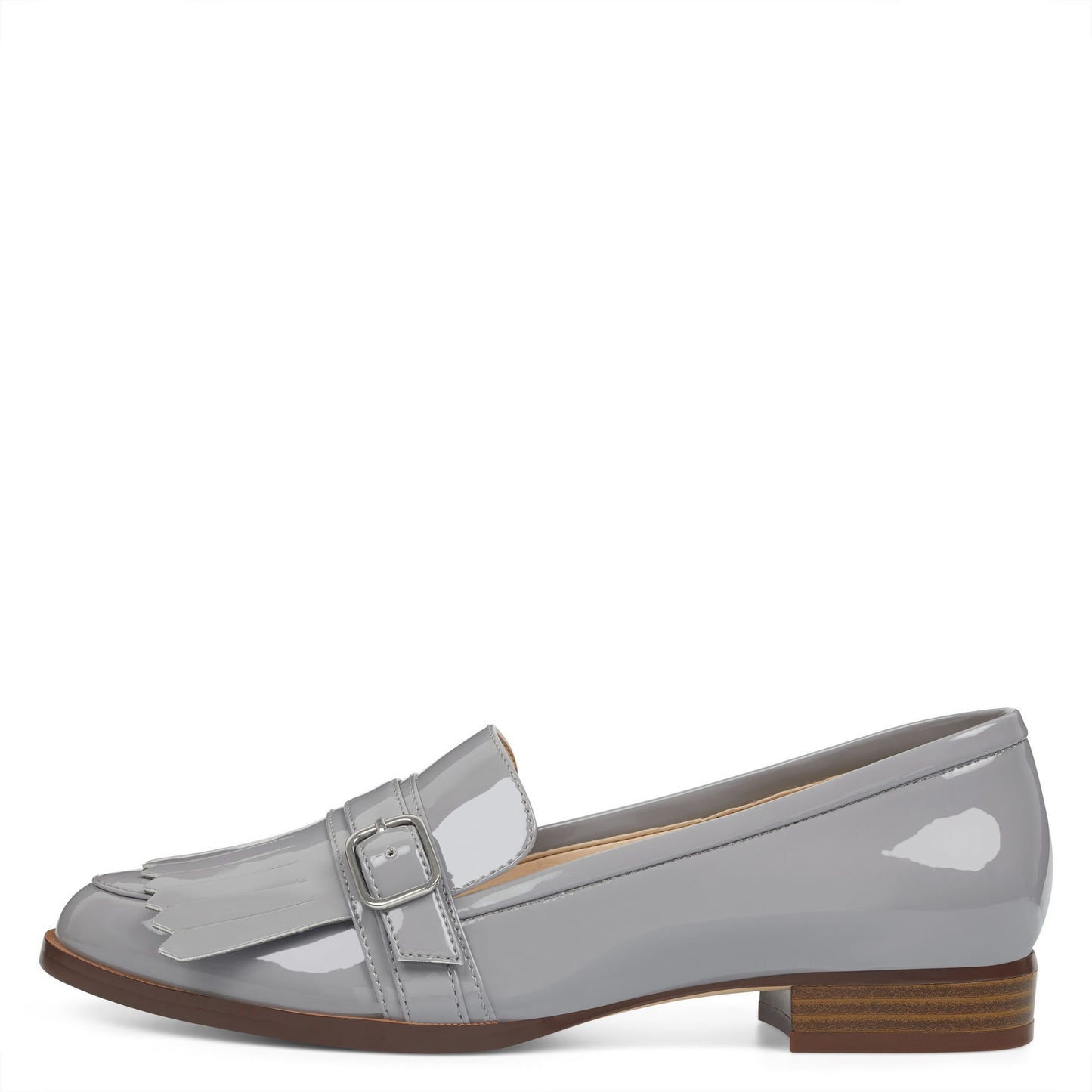 Gray Patent Leather Closed-Toe Fringe Women's Loafers with Buckle