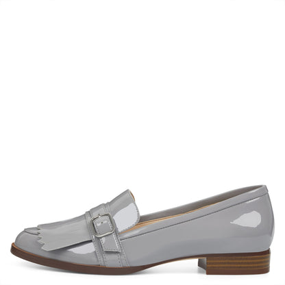 Gray Patent Leather Closed-Toe Fringe Women's Loafers with Buckle