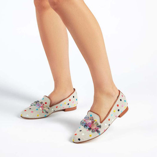 Multicolor Polka Dot Slip-On Women's Loafers with Rhinestones Decor