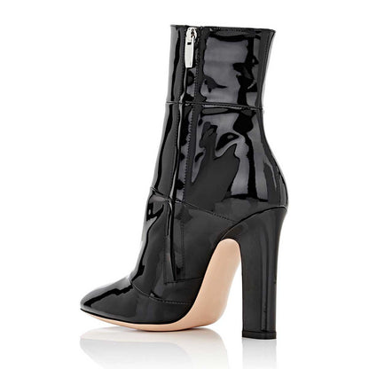 Black Chunky Heel Booties Patent Leather Pointed Toe Ankle Boots