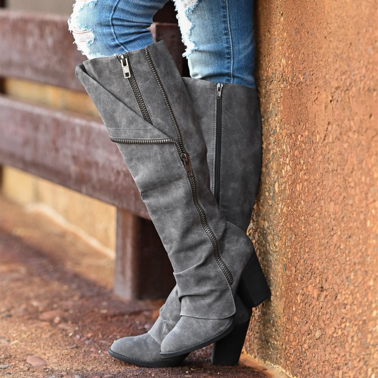 FSJ Grey Vegan Suede Fold-Over Block Heel Knee High Boots for Women