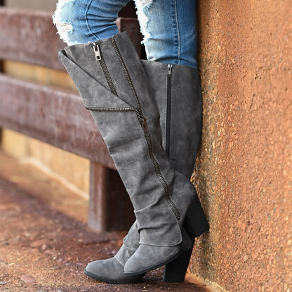 FSJ Grey Vegan Suede Fold-Over Block Heel Knee High Boots for Women