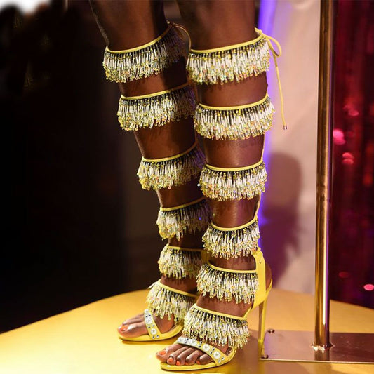 Yellow Open-Toe Beaded Sequin Fringe Knee-High Lace Up Heeled Sandals