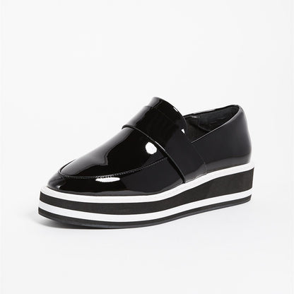 Black Patent Leather Round Toe Platform Loafers for Women